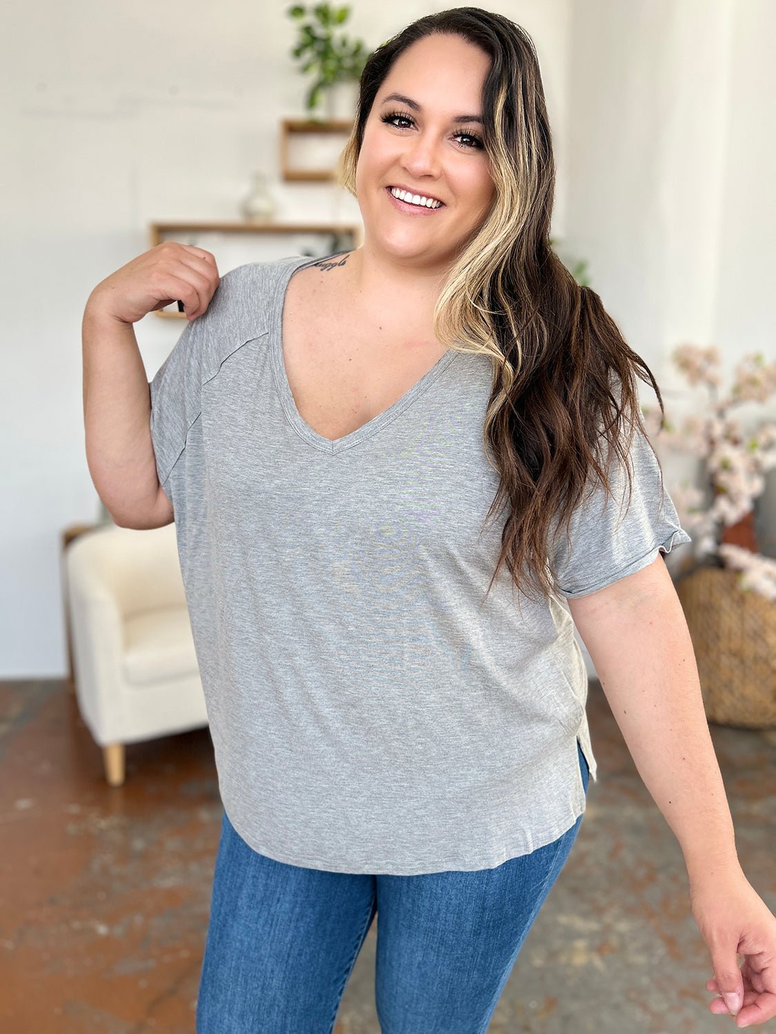 Basic Bae Full Size Bamboo Slit V-Neck Short Sleeve T-Shirt - The Coin Has A Say