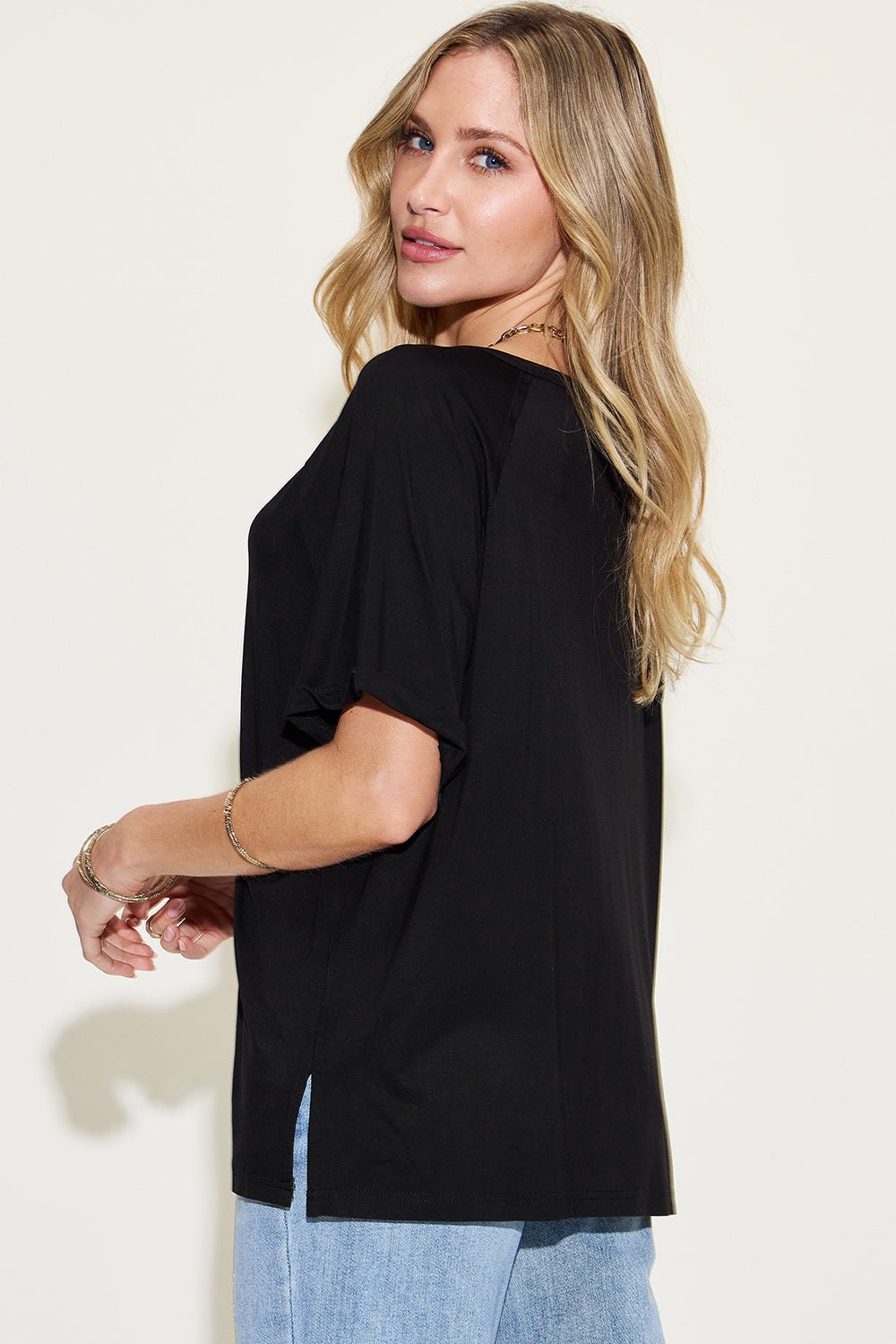Basic Bae Full Size Bamboo Slit V-Neck Short Sleeve T-Shirt - The Coin Has A Say