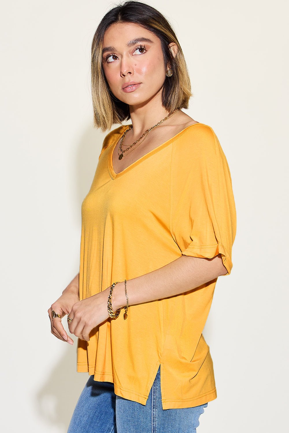 Basic Bae Full Size Bamboo Slit V-Neck Short Sleeve T-Shirt - The Coin Has A Say