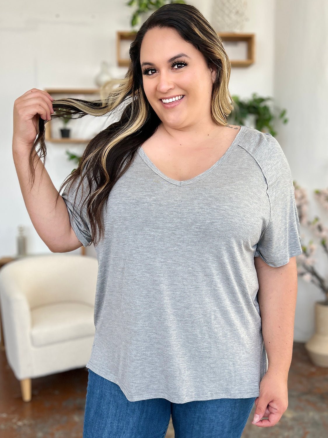 Basic Bae Full Size Bamboo Slit V-Neck Short Sleeve T-Shirt - The Coin Has A Say