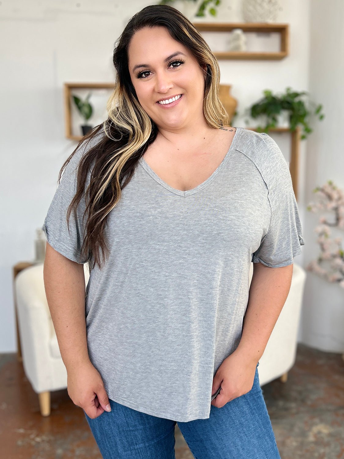 Basic Bae Full Size Bamboo Slit V-Neck Short Sleeve T-Shirt - The Coin Has A Say