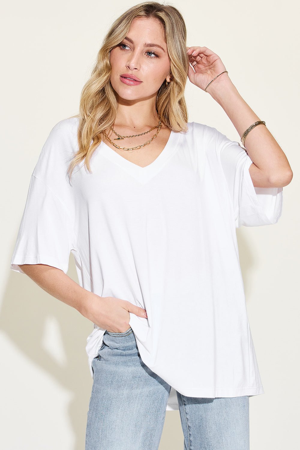 Basic Bae Full Size Bamboo V-Neck Drop Shoulder T-Shirt - The Coin Has A Say