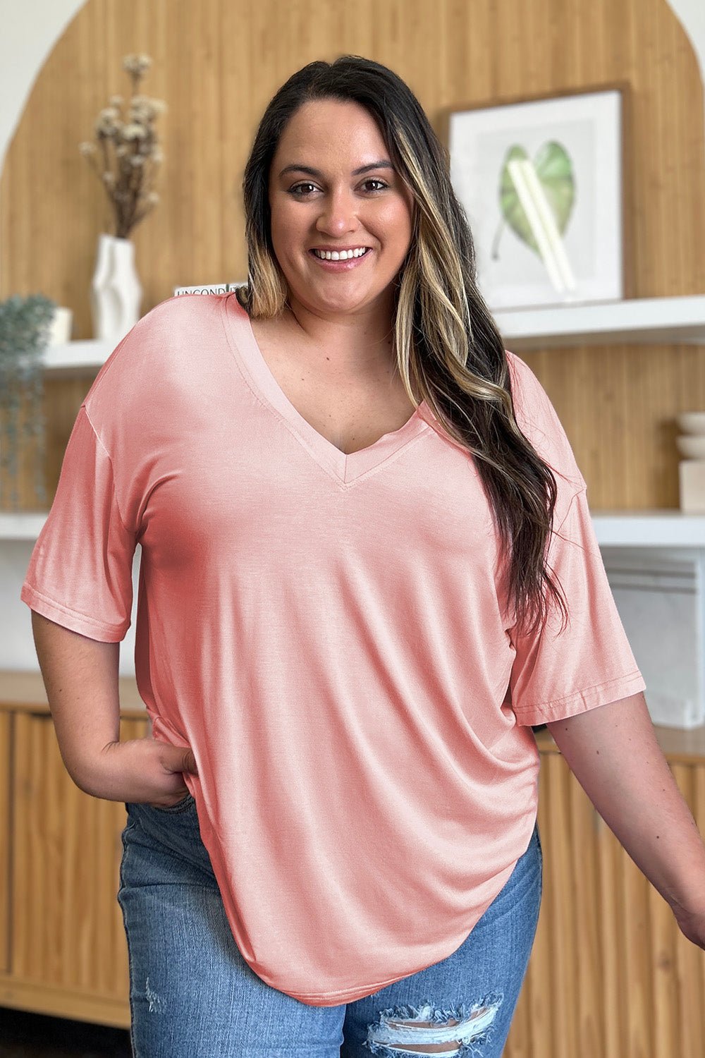 Basic Bae Full Size Bamboo V-Neck Drop Shoulder T-Shirt - The Coin Has A Say