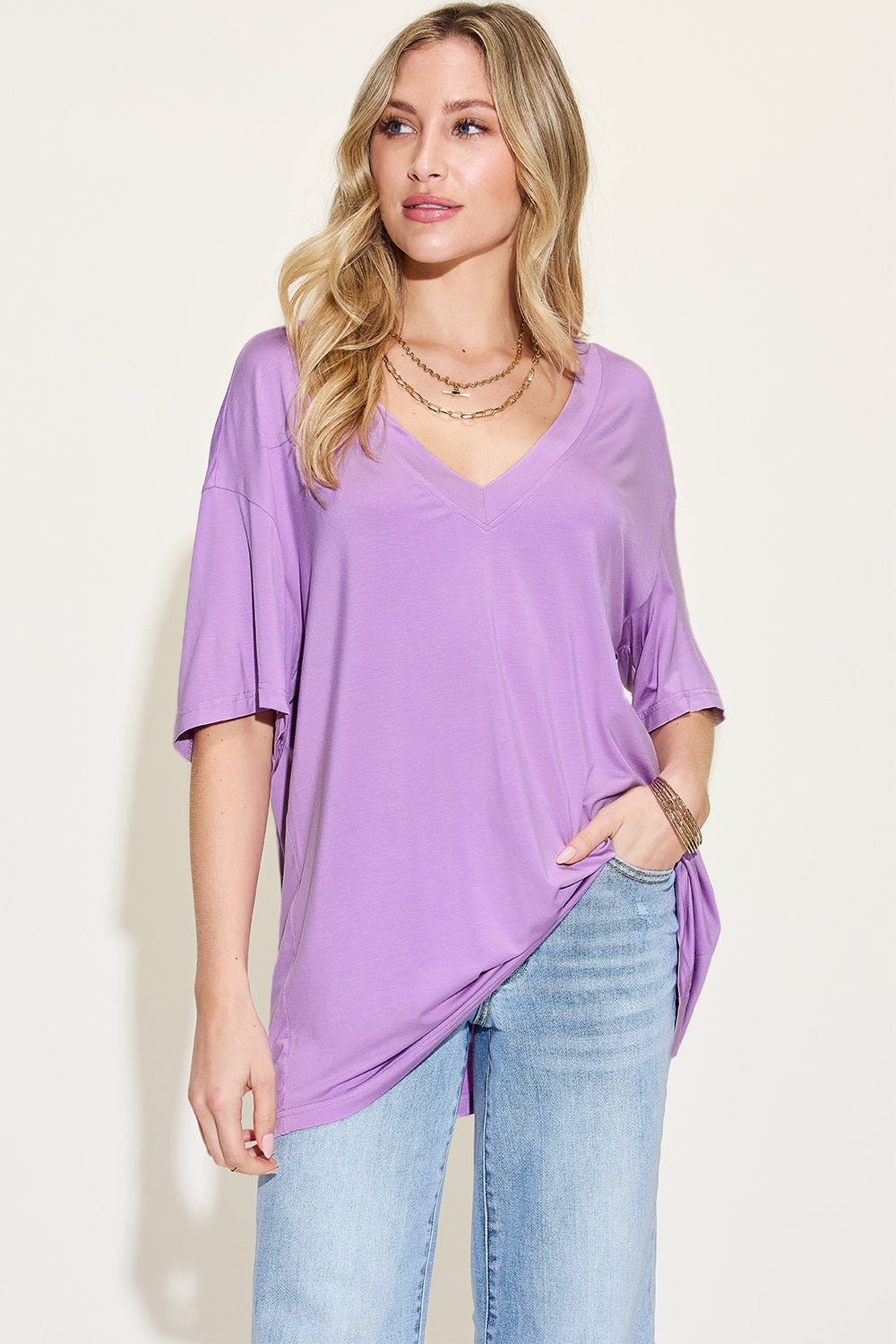 Basic Bae Full Size Bamboo V-Neck Drop Shoulder T-Shirt - The Coin Has A Say