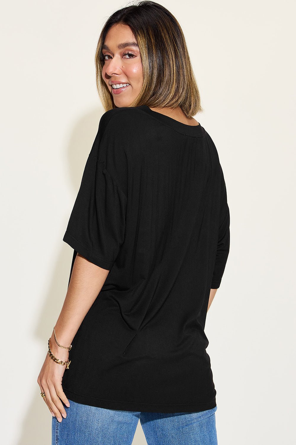 Basic Bae Full Size Bamboo V-Neck Drop Shoulder T-Shirt - The Coin Has A Say