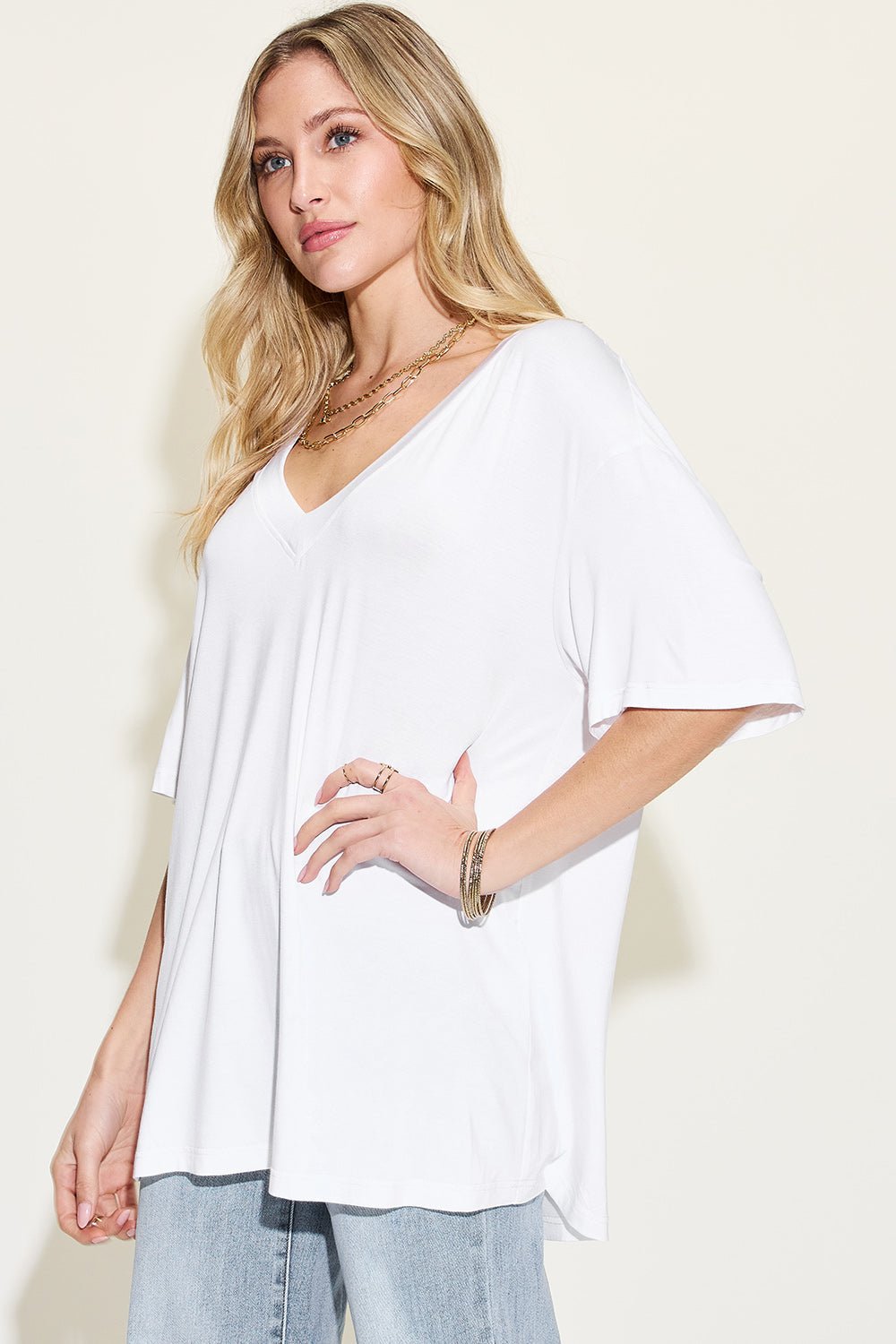Basic Bae Full Size Bamboo V-Neck Drop Shoulder T-Shirt - The Coin Has A Say
