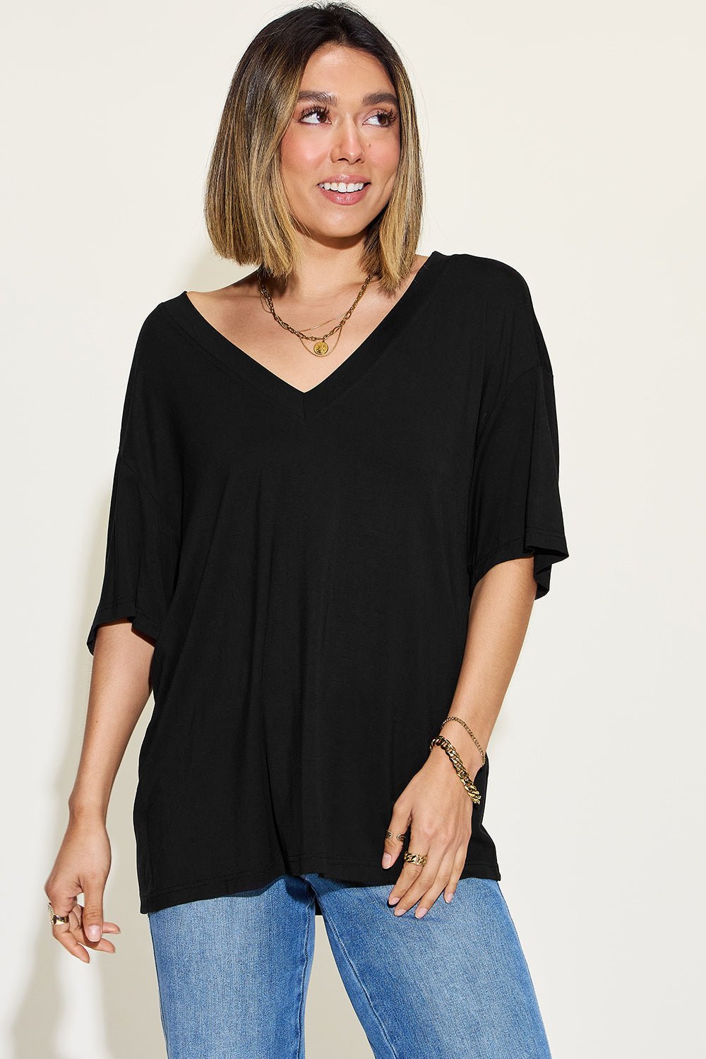 Basic Bae Full Size Bamboo V-Neck Drop Shoulder T-Shirt - The Coin Has A Say