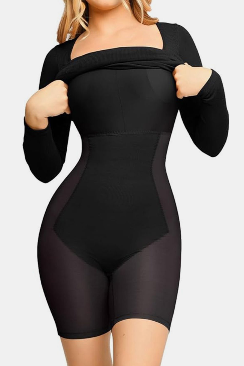 Basic Bae Full Size Built-In Shapewear Square Neck Long Sleeve Dress - The Coin Has A Say