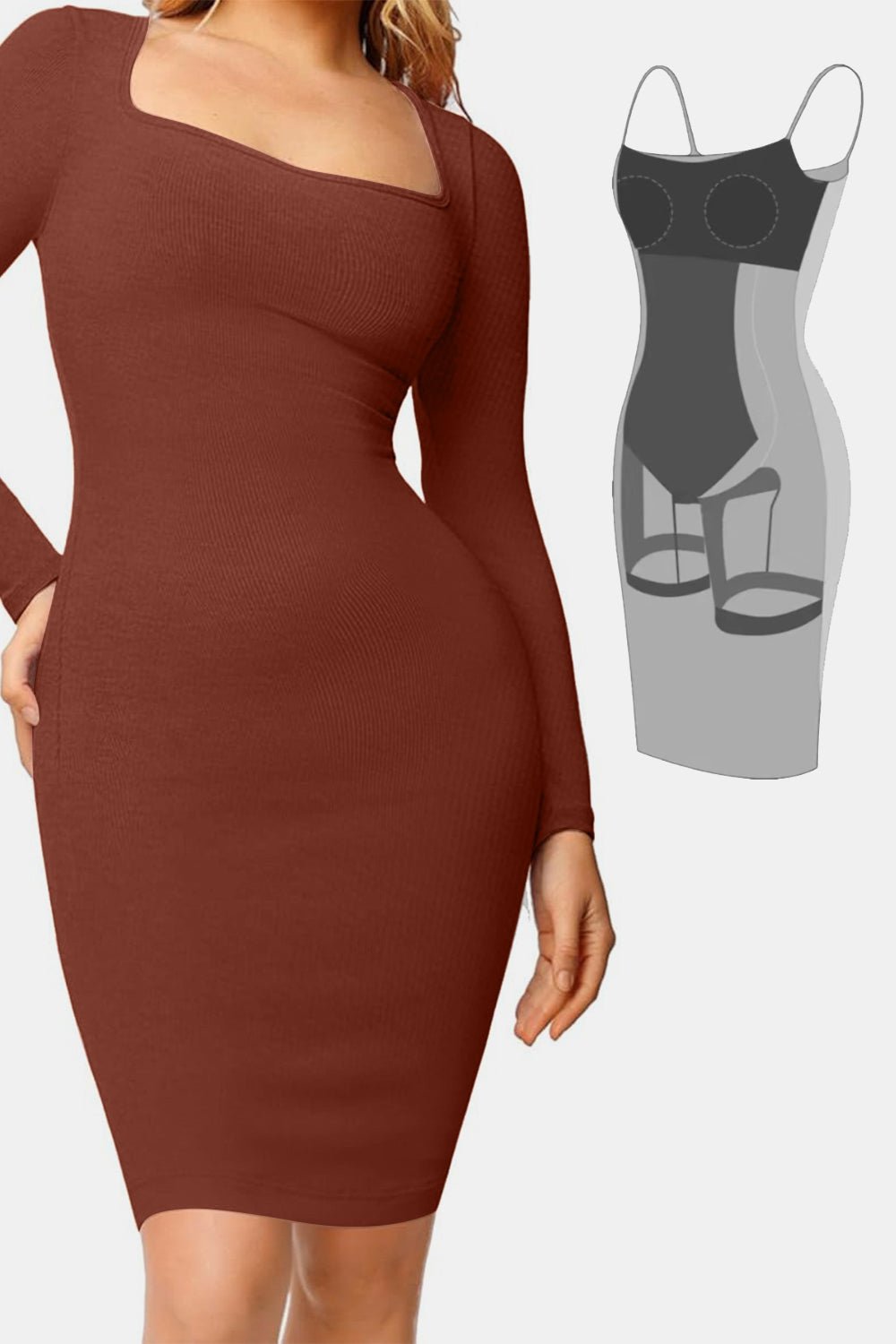 Basic Bae Full Size Built-In Shapewear Square Neck Long Sleeve Dress - The Coin Has A Say