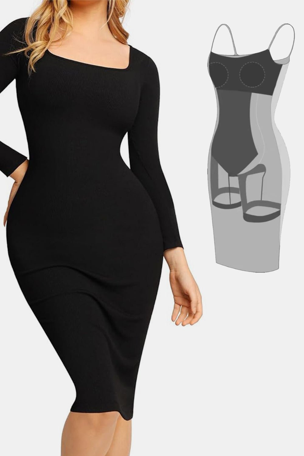 Basic Bae Full Size Built-In Shapewear Square Neck Long Sleeve Dress - The Coin Has A Say