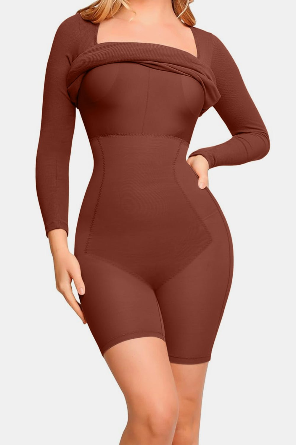 Basic Bae Full Size Built-In Shapewear Square Neck Long Sleeve Dress - The Coin Has A Say