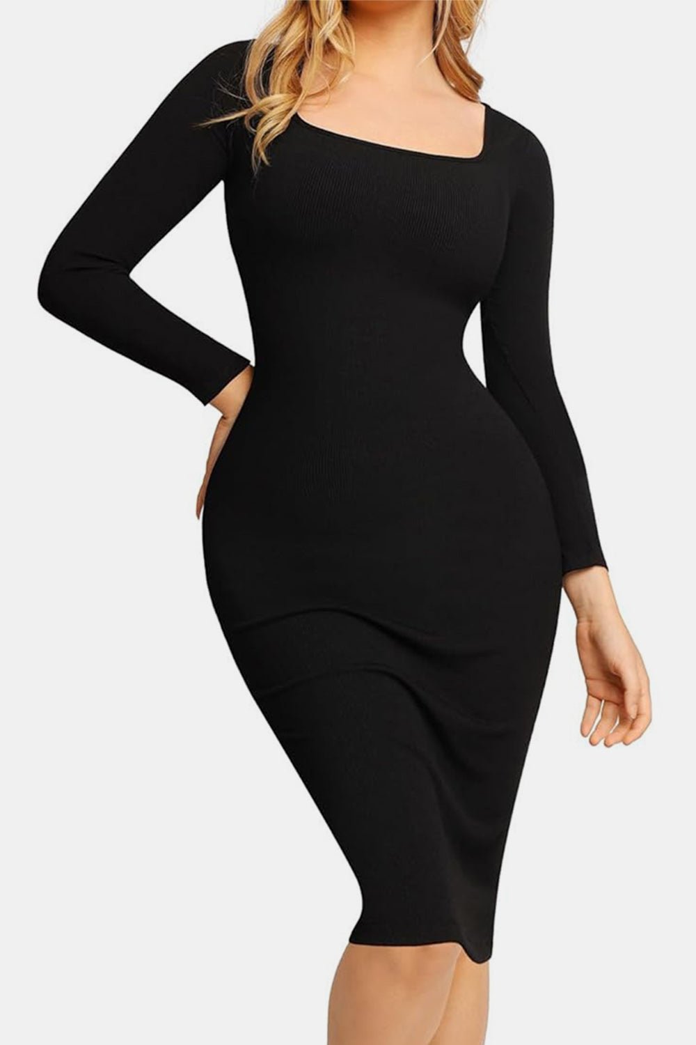 Basic Bae Full Size Built-In Shapewear Square Neck Long Sleeve Dress - The Coin Has A Say