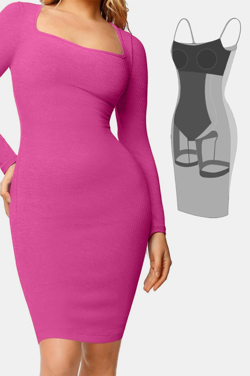 Basic Bae Full Size Built-In Shapewear Square Neck Long Sleeve Dress - The Coin Has A Say