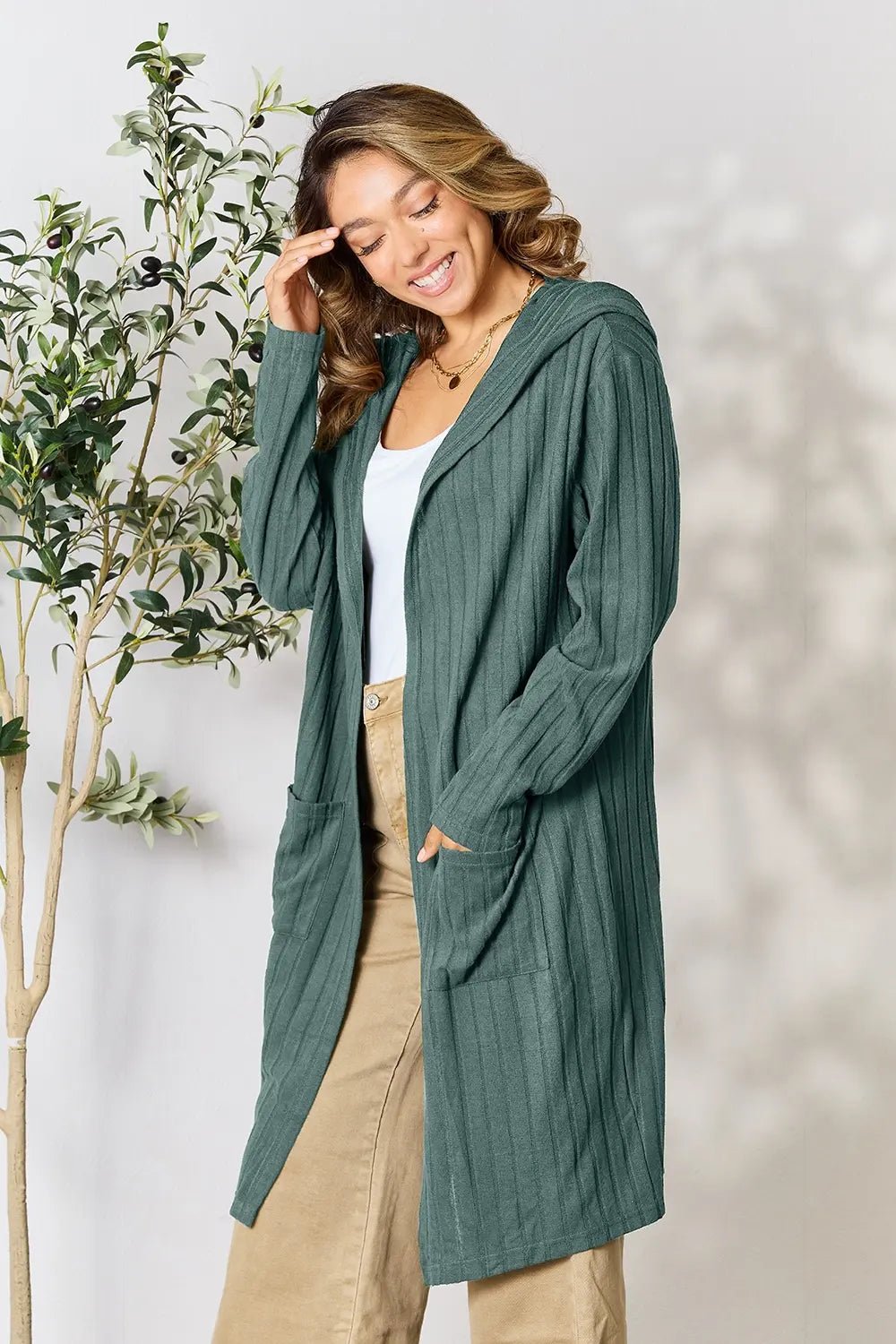Basic Bae Full Size Hooded Sweater Cardigan - The Coin Has A Say