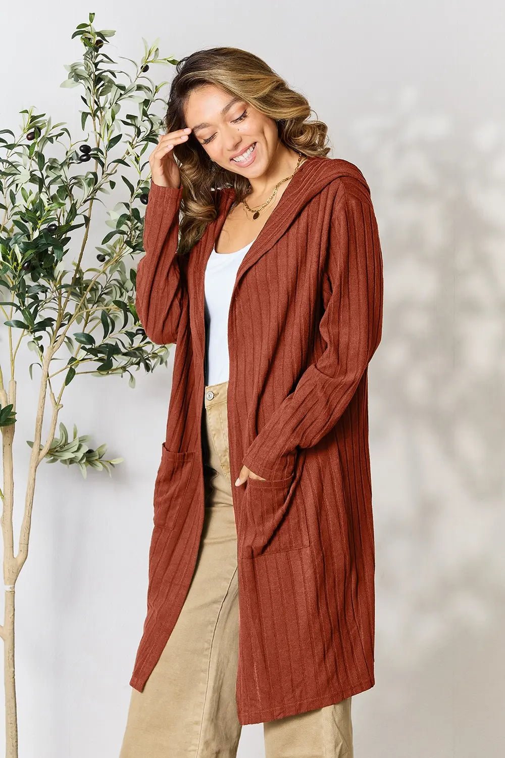 Basic Bae Full Size Hooded Sweater Cardigan - The Coin Has A Say