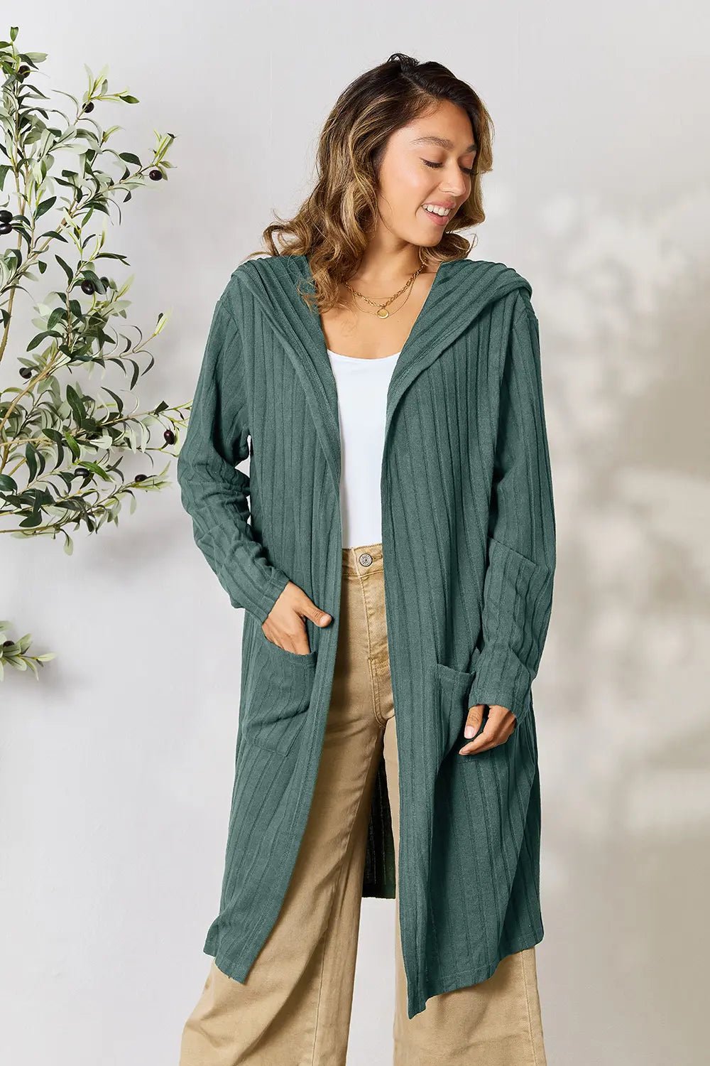 Basic Bae Full Size Hooded Sweater Cardigan - The Coin Has A Say
