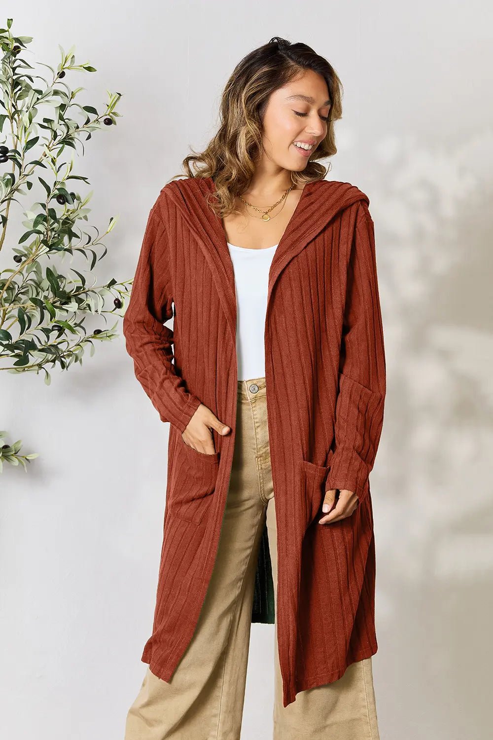 Basic Bae Full Size Hooded Sweater Cardigan - The Coin Has A Say