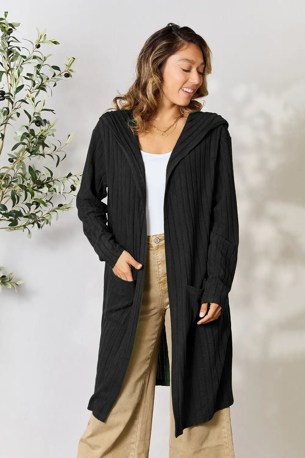 Basic Bae Full Size Hooded Sweater Cardigan - The Coin Has A Say