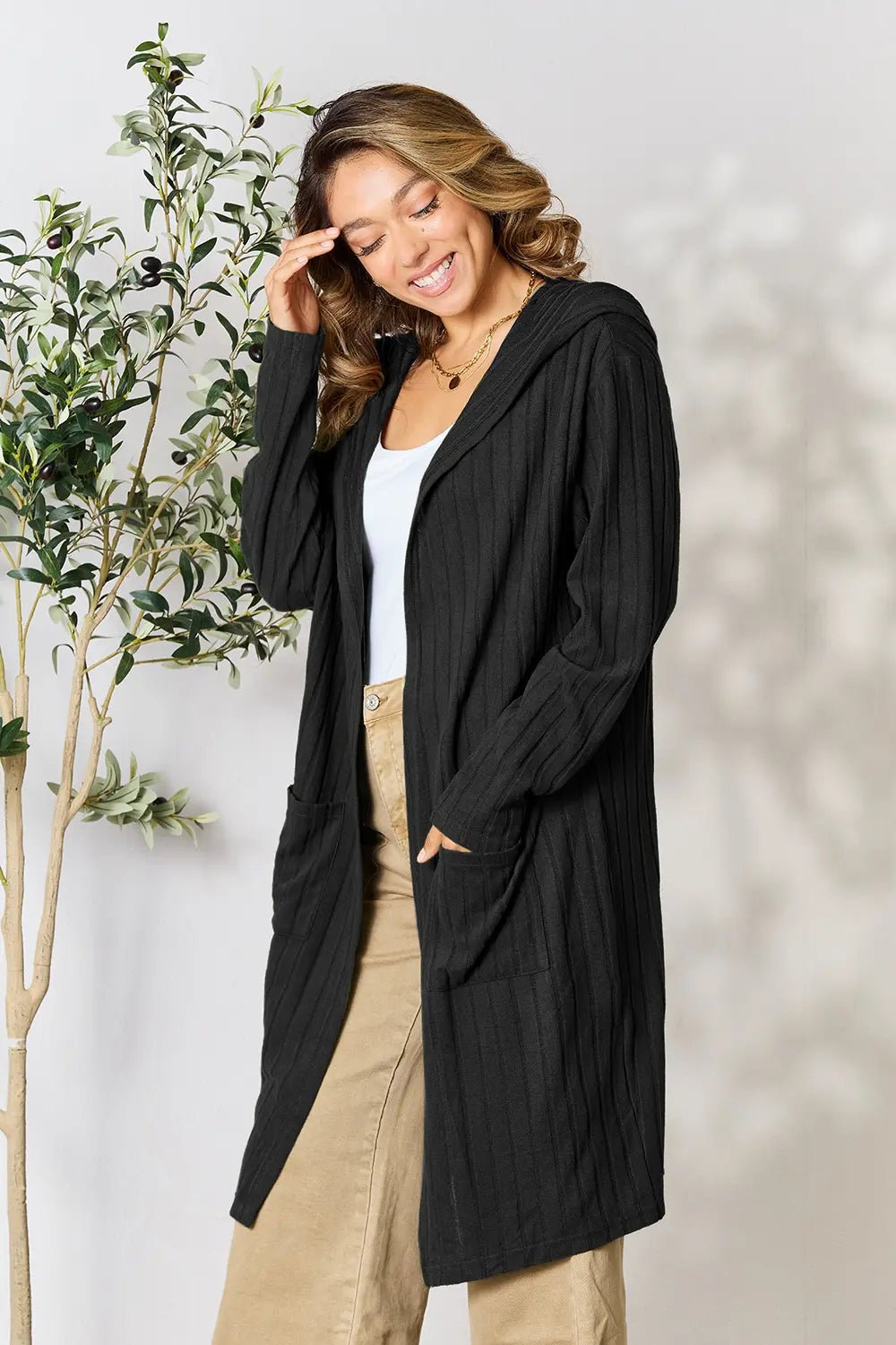 Basic Bae Full Size Hooded Sweater Cardigan - The Coin Has A Say