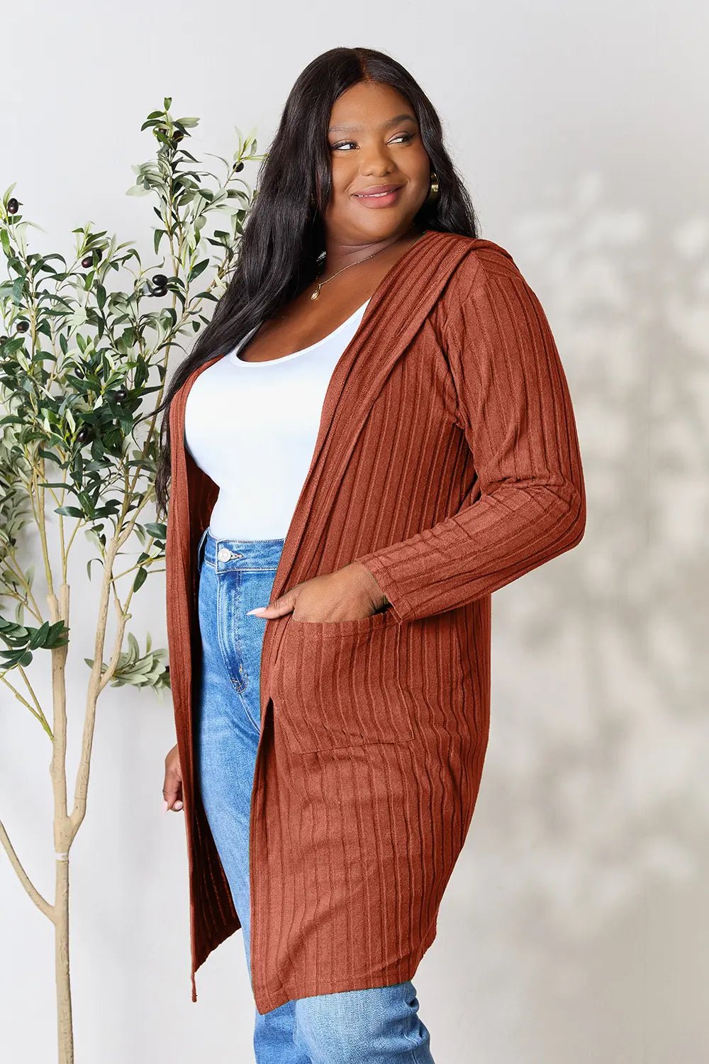 Basic Bae Full Size Hooded Sweater Cardigan - The Coin Has A Say