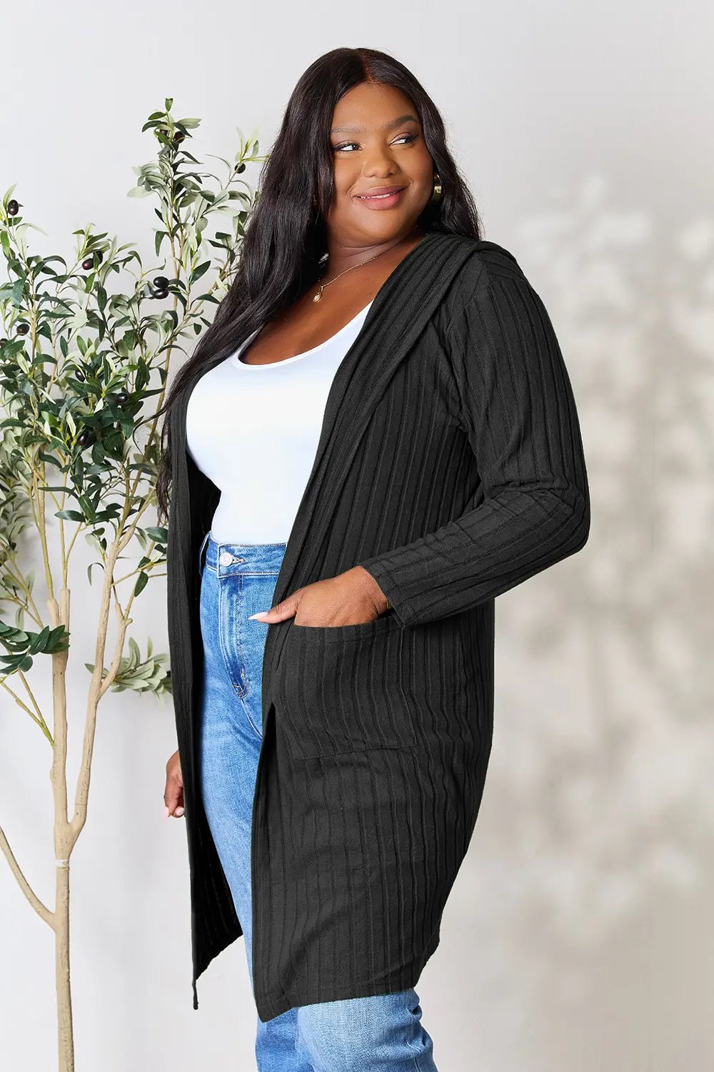 Basic Bae Full Size Hooded Sweater Cardigan - The Coin Has A Say