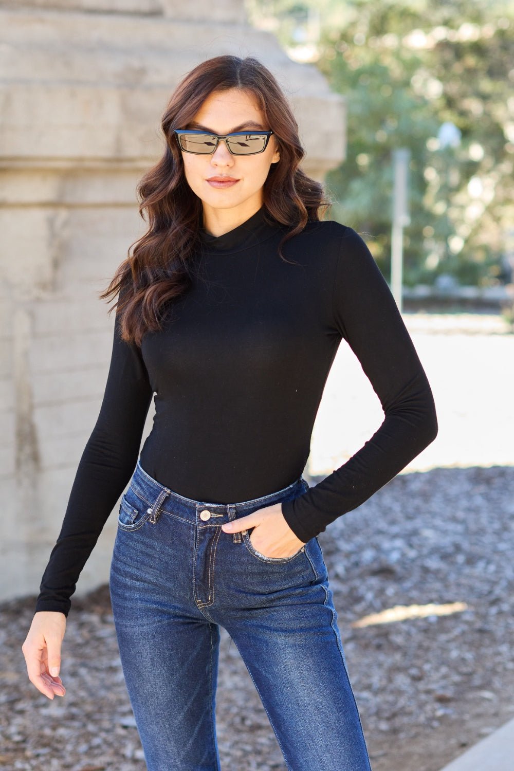 Basic Bae Full Size Mock Neck Long Sleeve Bodysuit - The Coin Has A Say