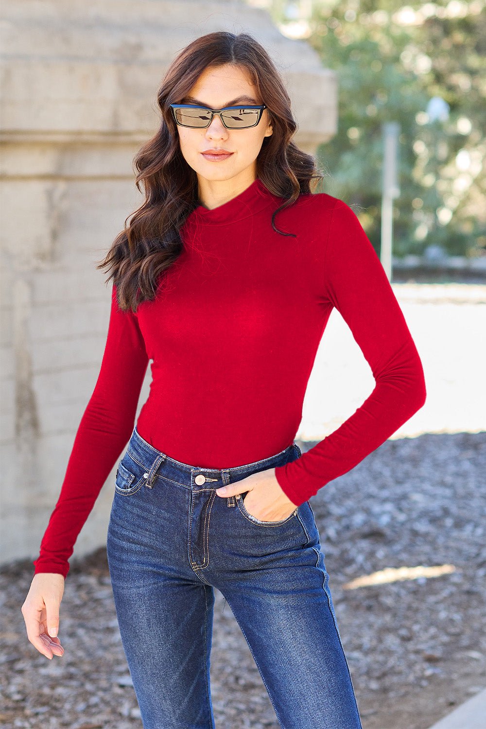 Basic Bae Full Size Mock Neck Long Sleeve Bodysuit - The Coin Has A Say
