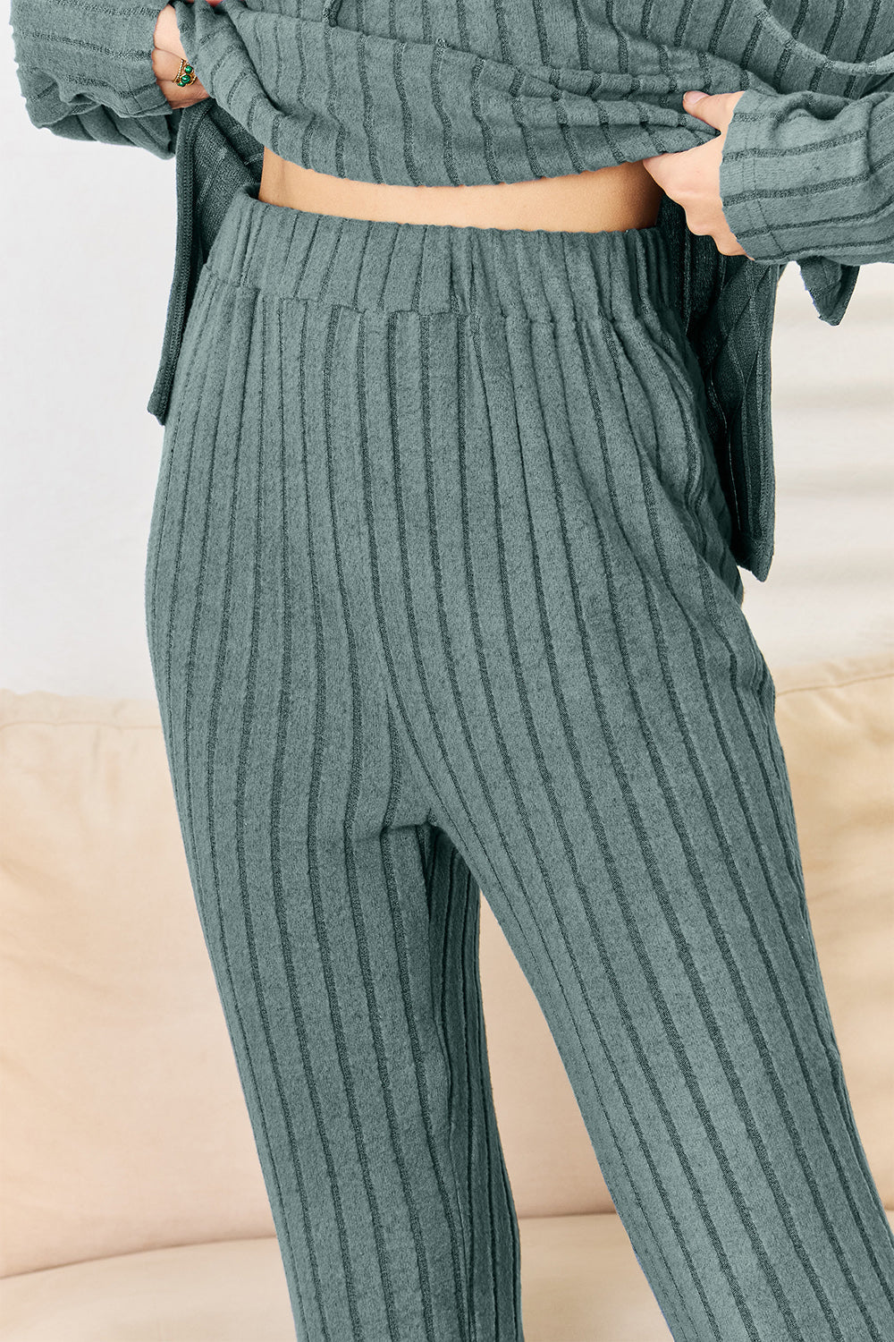 Basic Bae Full Size Ribbed Drawstring Hooded Top and Straight Pants Set - The Coin Has A Say