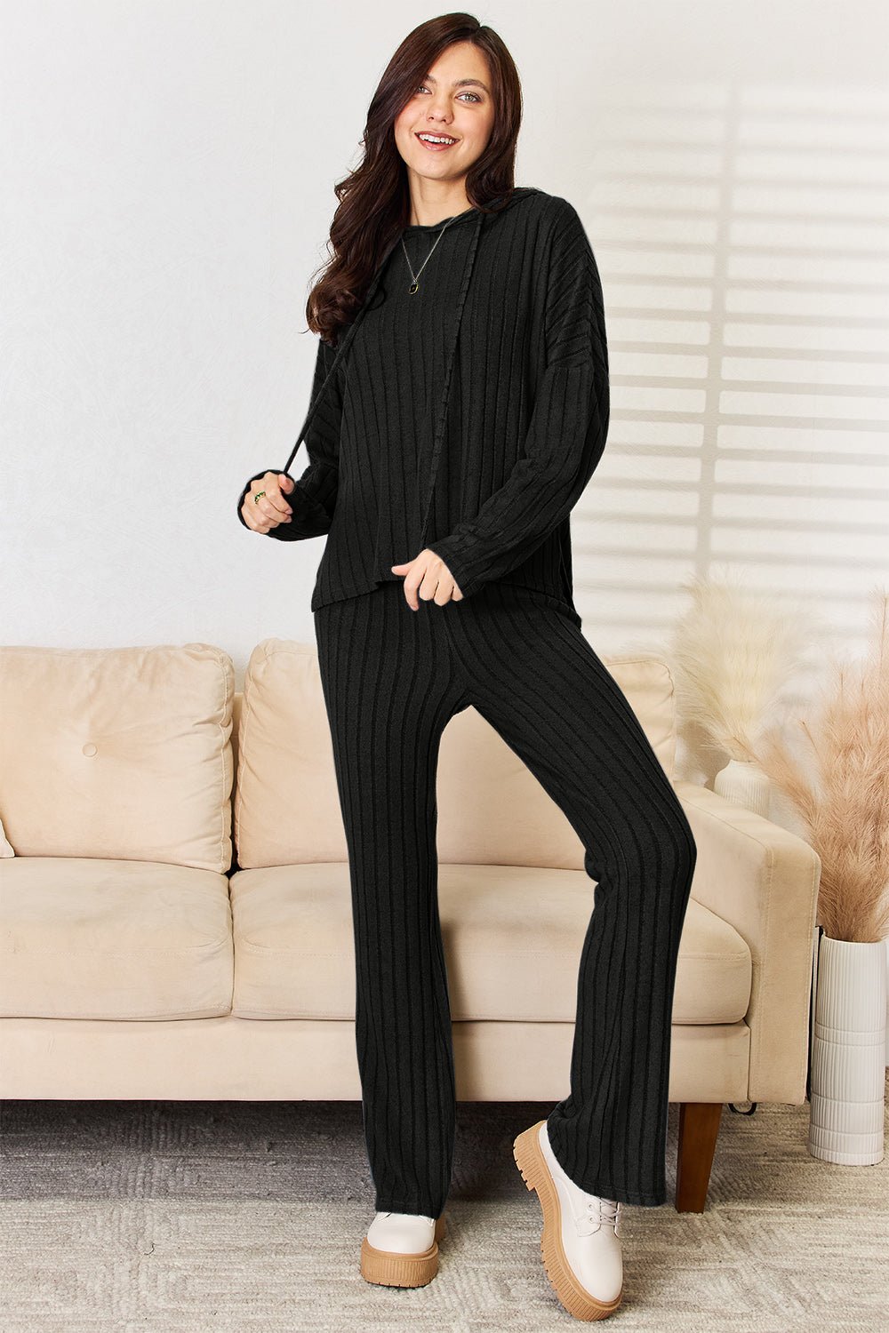 Basic Bae Full Size Ribbed Drawstring Hooded Top and Straight Pants Set - The Coin Has A Say