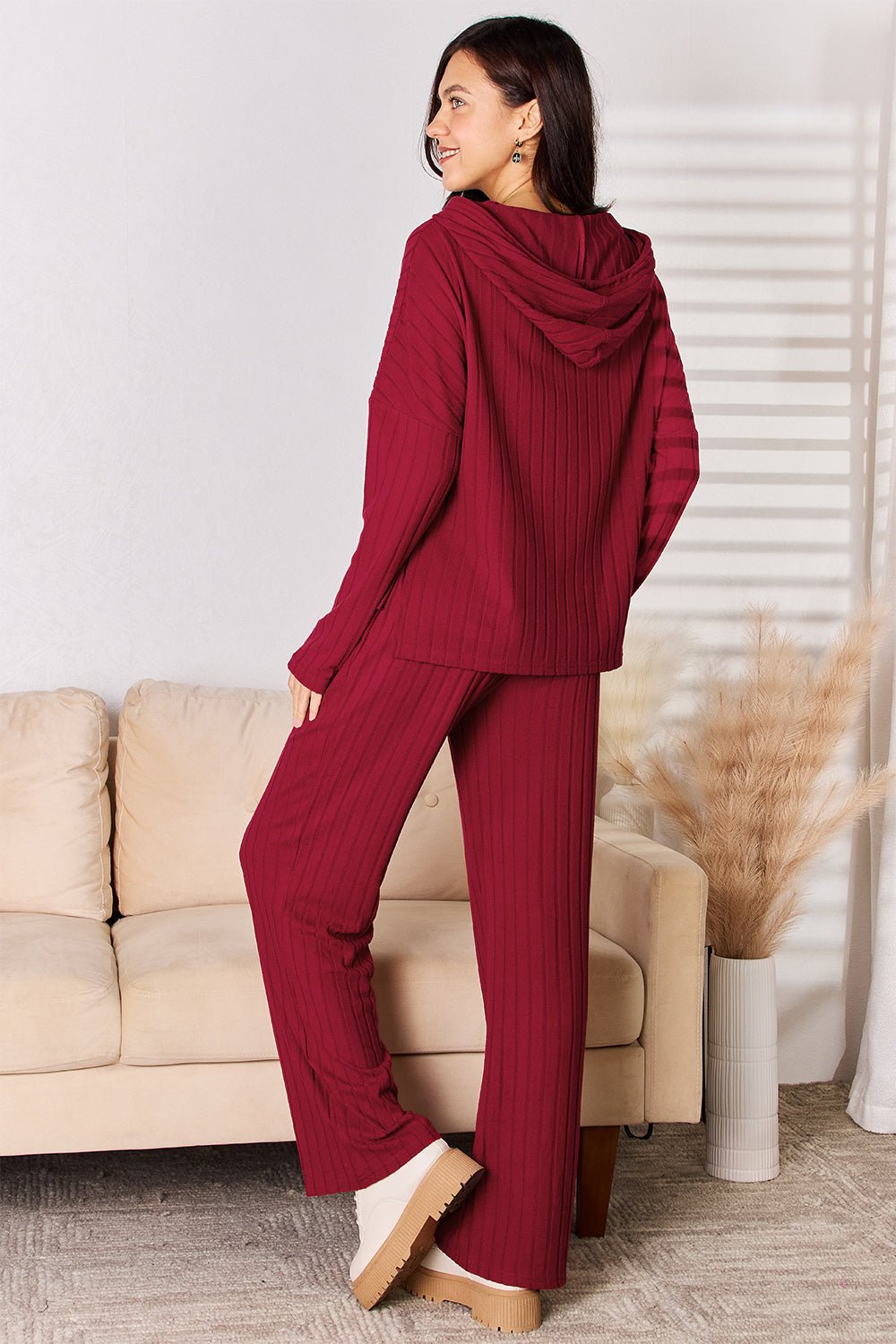 Basic Bae Full Size Ribbed Drawstring Hooded Top and Straight Pants Set - The Coin Has A Say