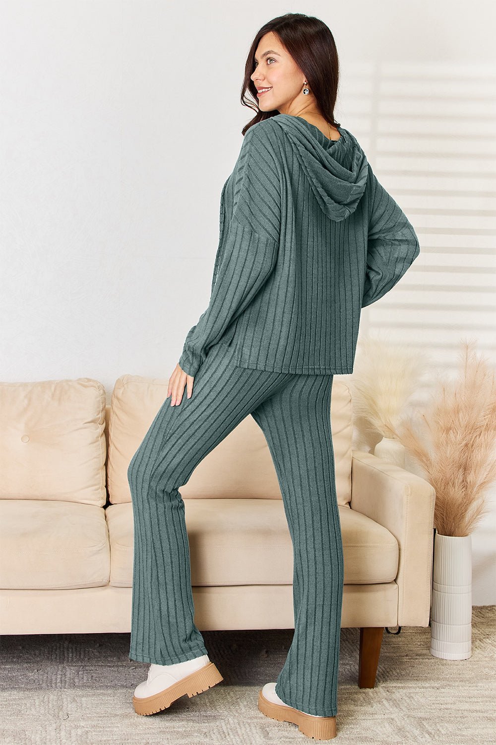 Basic Bae Full Size Ribbed Drawstring Hooded Top and Straight Pants Set - The Coin Has A Say