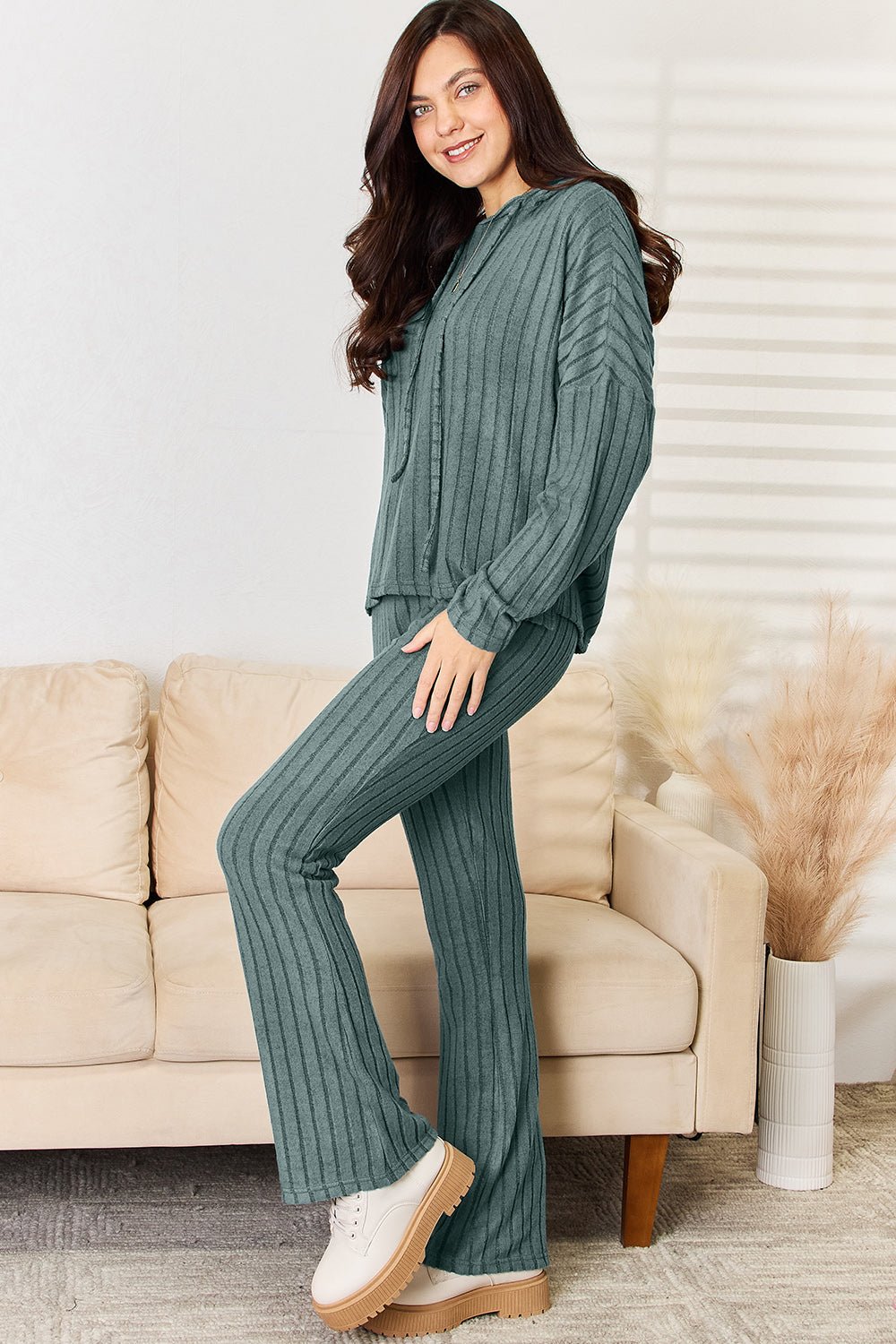 Basic Bae Full Size Ribbed Drawstring Hooded Top and Straight Pants Set - The Coin Has A Say