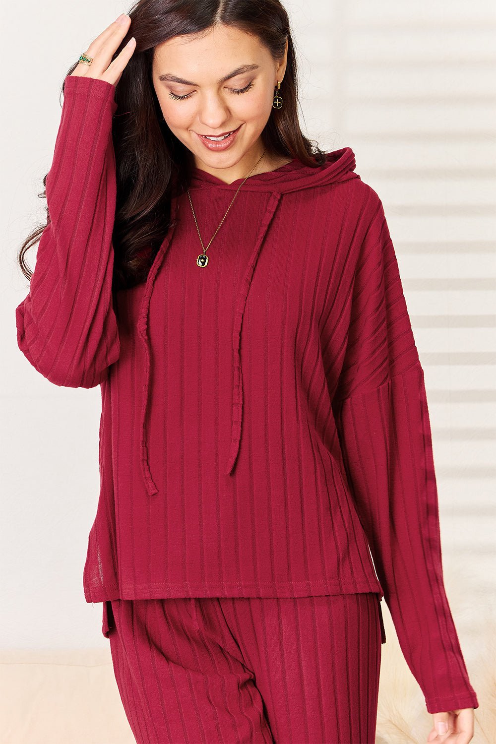 Basic Bae Full Size Ribbed Drawstring Hooded Top and Straight Pants Set - The Coin Has A Say
