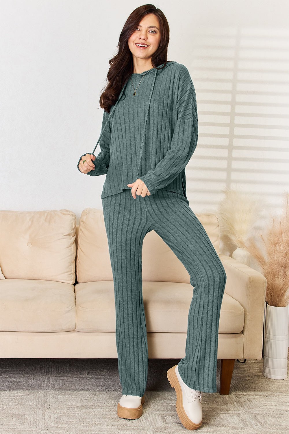 Basic Bae Full Size Ribbed Drawstring Hooded Top and Straight Pants Set - The Coin Has A Say