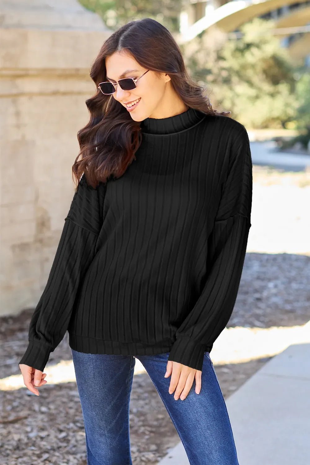 Basic Bae Full Size Ribbed Exposed Seam Mock Neck Knit Top - The Coin Has A Say