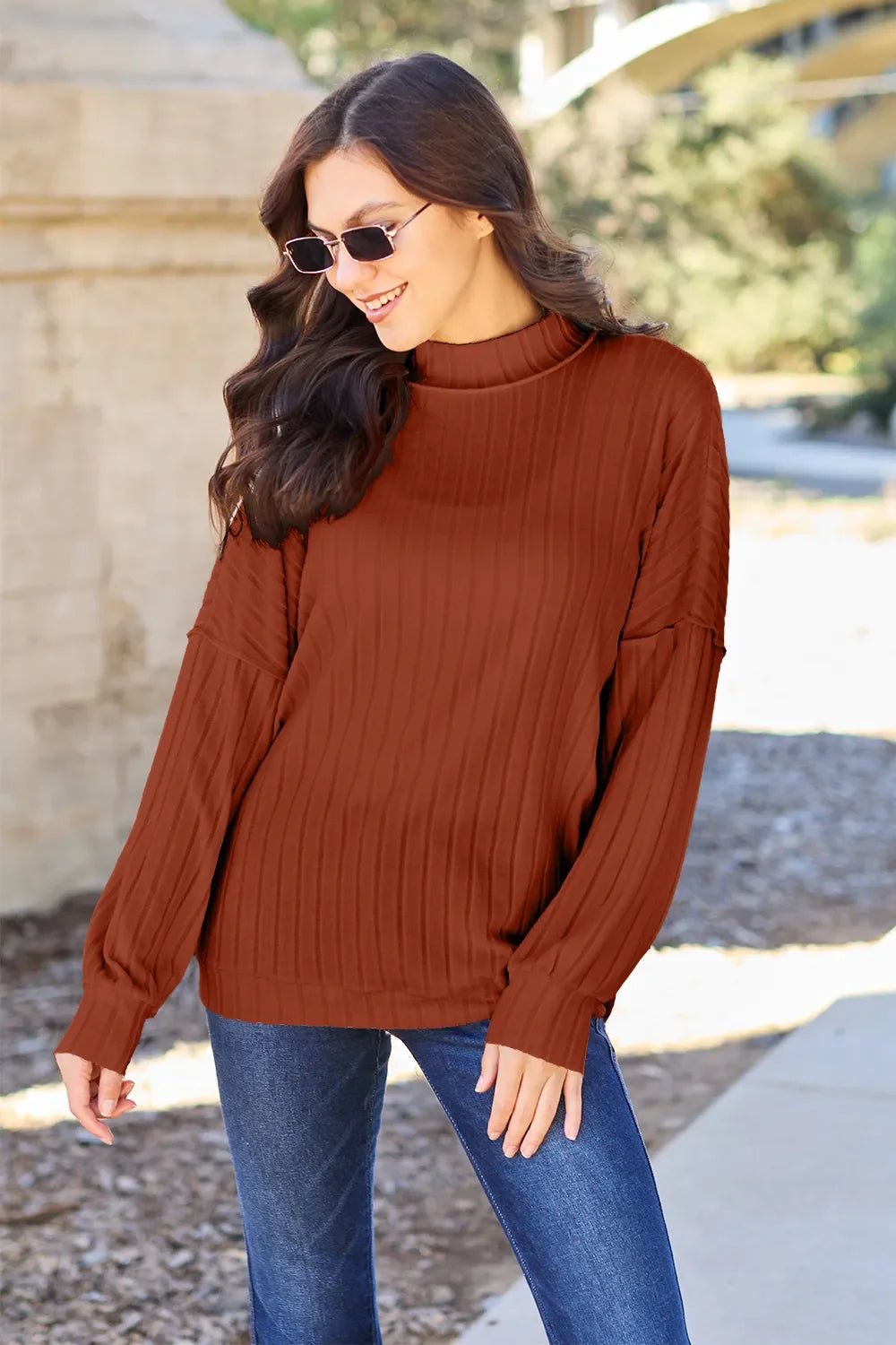 Basic Bae Full Size Ribbed Exposed Seam Mock Neck Knit Top - The Coin Has A Say