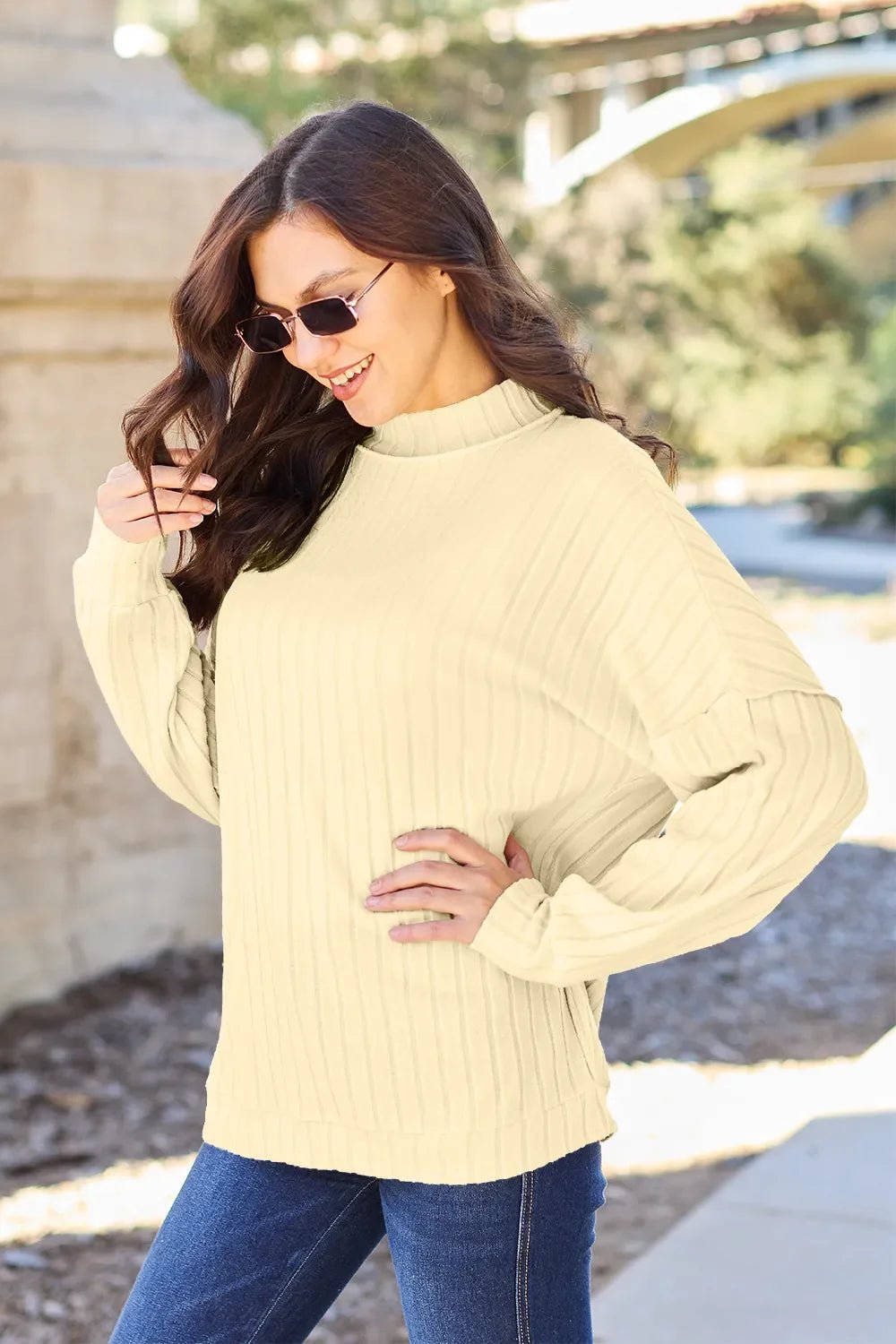 Basic Bae Full Size Ribbed Exposed Seam Mock Neck Knit Top - The Coin Has A Say