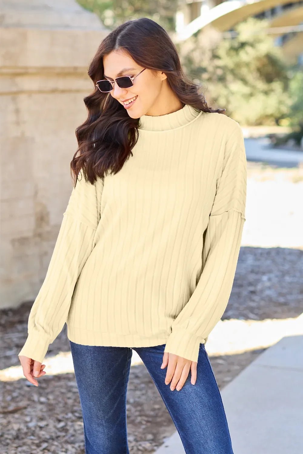 Basic Bae Full Size Ribbed Exposed Seam Mock Neck Knit Top - The Coin Has A Say