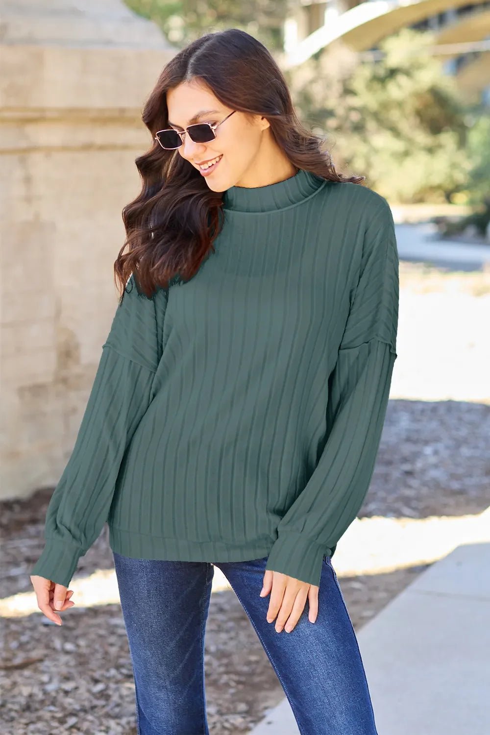 Basic Bae Full Size Ribbed Exposed Seam Mock Neck Knit Top - The Coin Has A Say