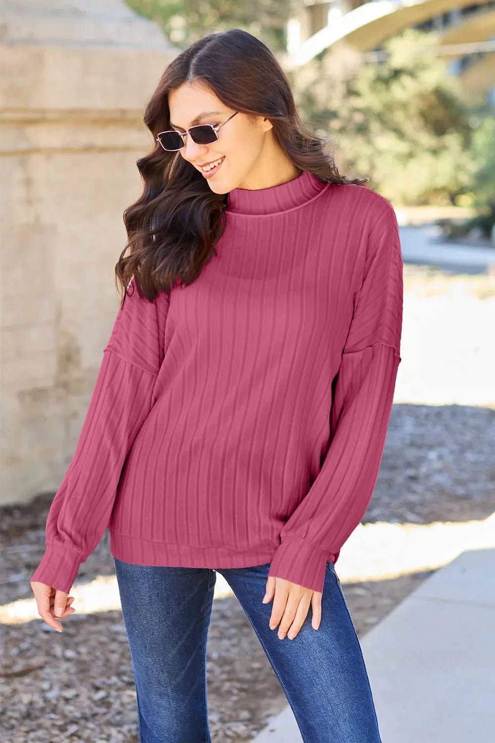 Basic Bae Full Size Ribbed Exposed Seam Mock Neck Knit Top - The Coin Has A Say