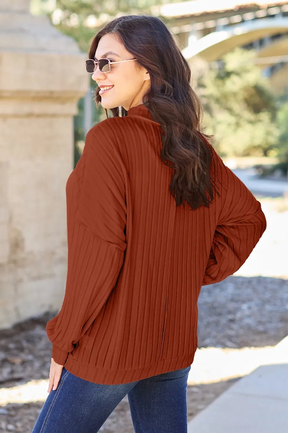 Basic Bae Full Size Ribbed Exposed Seam Mock Neck Knit Top - The Coin Has A Say