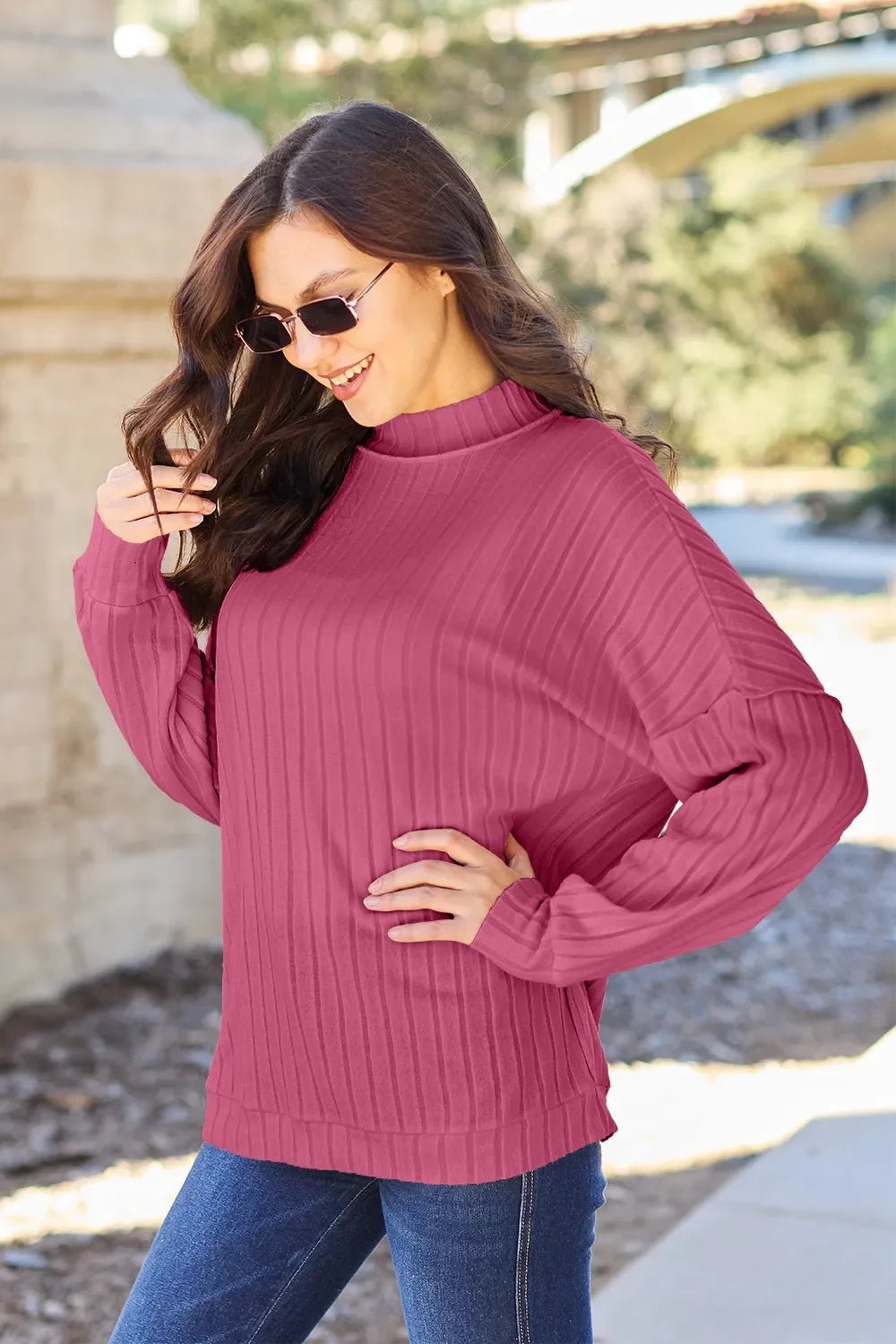 Basic Bae Full Size Ribbed Exposed Seam Mock Neck Knit Top - The Coin Has A Say