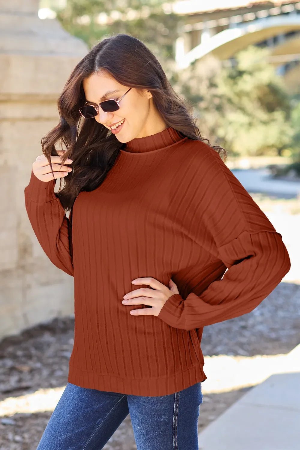 Basic Bae Full Size Ribbed Exposed Seam Mock Neck Knit Top - The Coin Has A Say