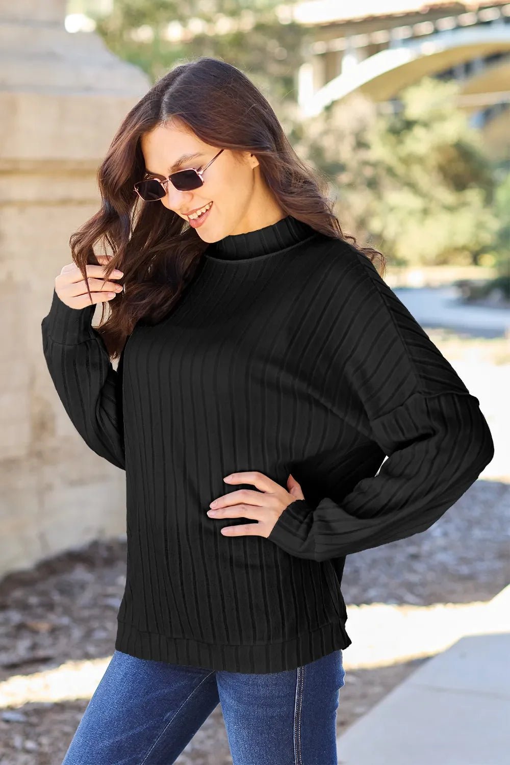 Basic Bae Full Size Ribbed Exposed Seam Mock Neck Knit Top - The Coin Has A Say