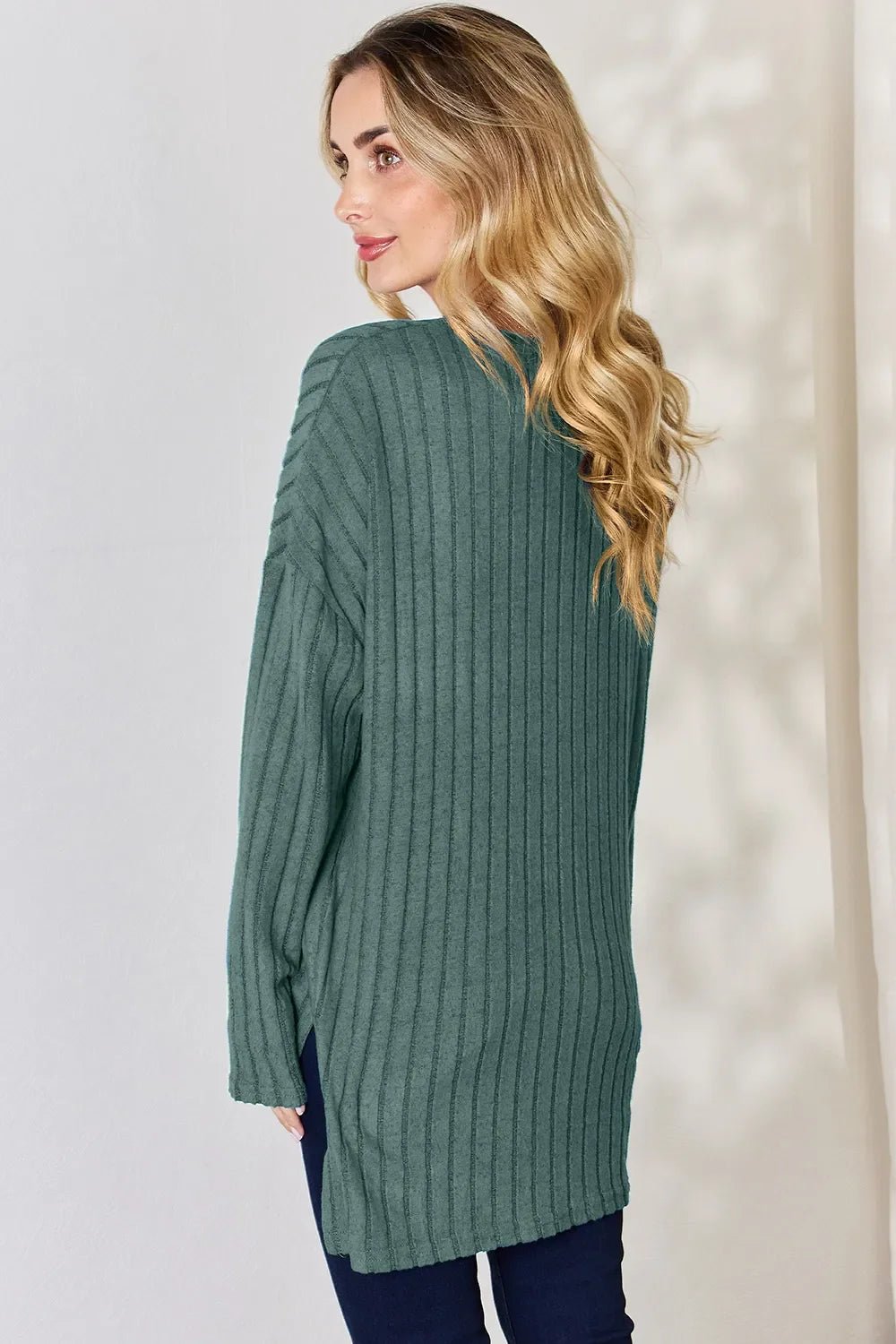 Basic Bae Full Size Ribbed Half Button Long Sleeve High-Low T-Shirt - The Coin Has A Say