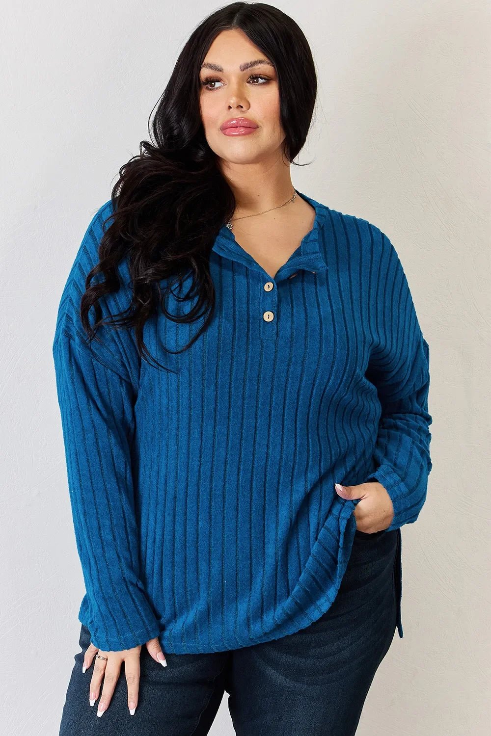 Basic Bae Full Size Ribbed Half Button Long Sleeve High-Low T-Shirt - The Coin Has A Say