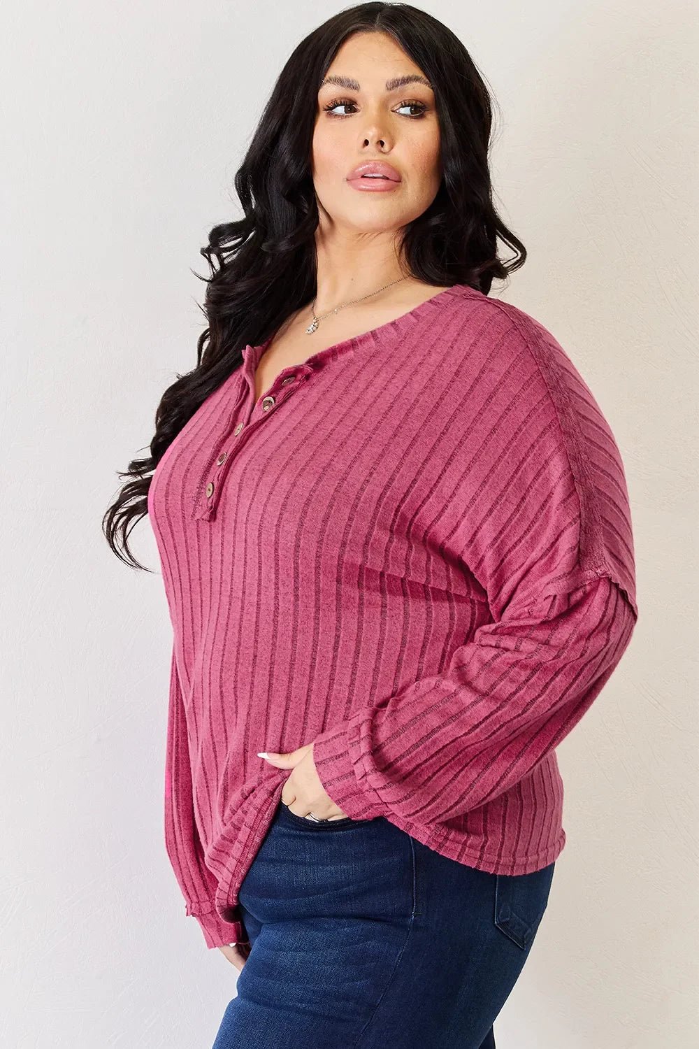 Basic Bae Full Size Ribbed Half Button Long Sleeve High-Low T-Shirt - The Coin Has A Say