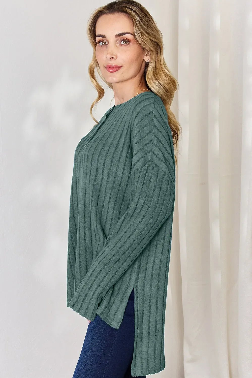 Basic Bae Full Size Ribbed Half Button Long Sleeve High-Low T-Shirt - The Coin Has A Say