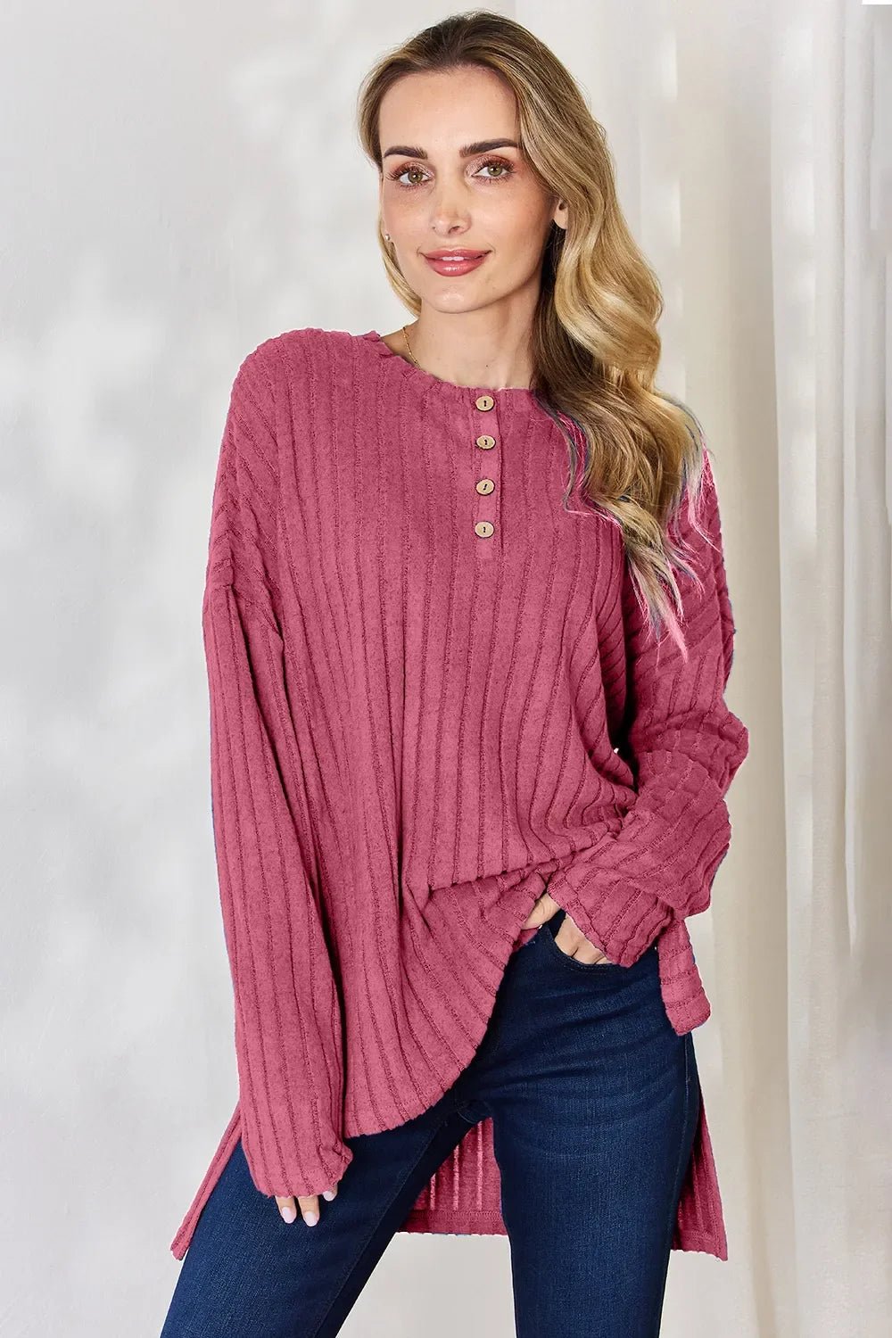 Basic Bae Full Size Ribbed Half Button Long Sleeve High-Low T-Shirt - The Coin Has A Say