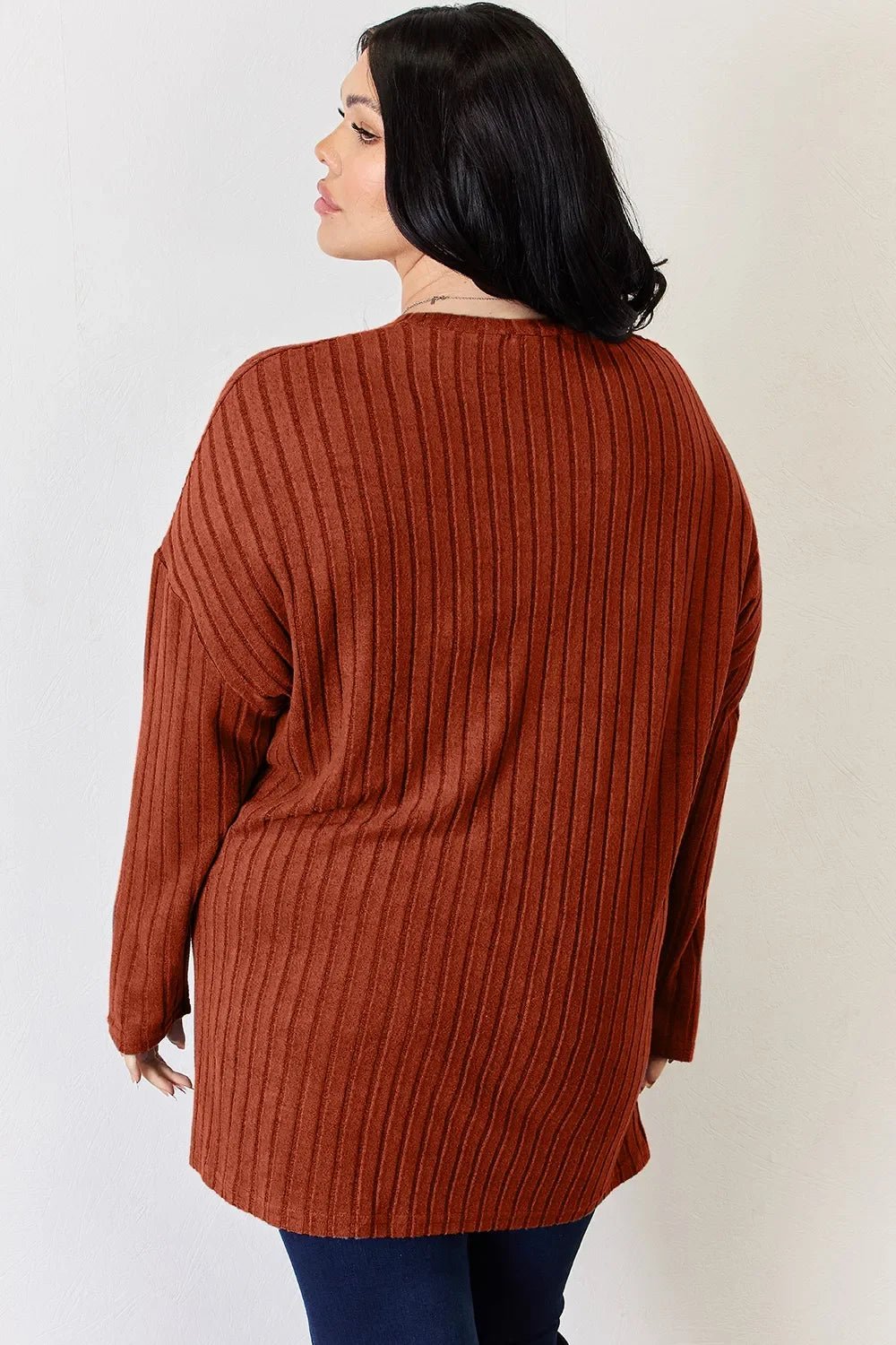 Basic Bae Full Size Ribbed Half Button Long Sleeve High-Low T-Shirt - The Coin Has A Say